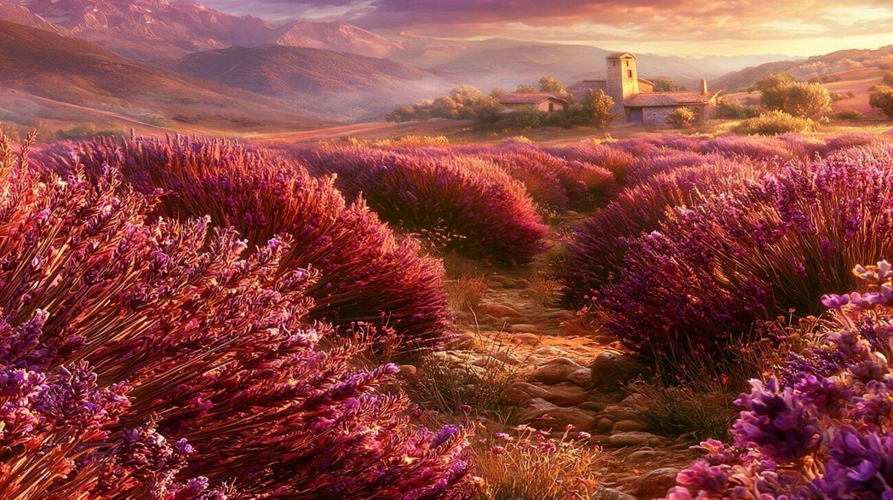 Campo di lavanda in alta Provenza al tramonto con distilleria in pietra sullo sfondo.