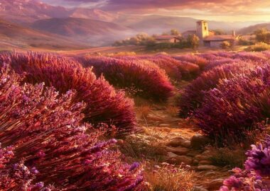 Campo di lavanda in alta Provenza al tramonto con distilleria in pietra sullo sfondo.